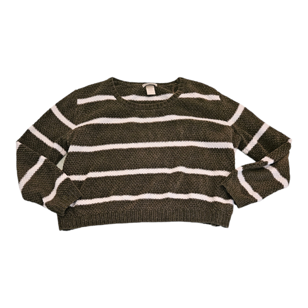 Cotton Emporium Small Green, White Striped Long Sleeve Knit Pullover Sweater